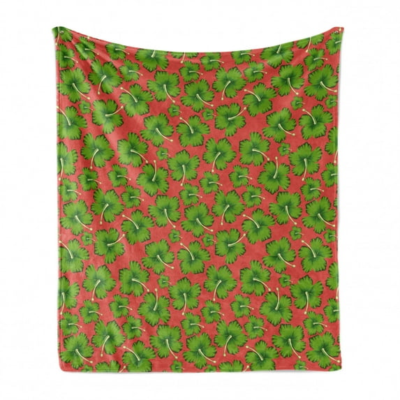 Garden Art Soft Flannel Fleece Blanket, Tropical Theme Botanical Motifs with Exotic Hibiscus Flowers in Green, Cozy Plush for Indoor and Outdoor Use, 60" x 80", Dark Coral and Green, by Ambesonne