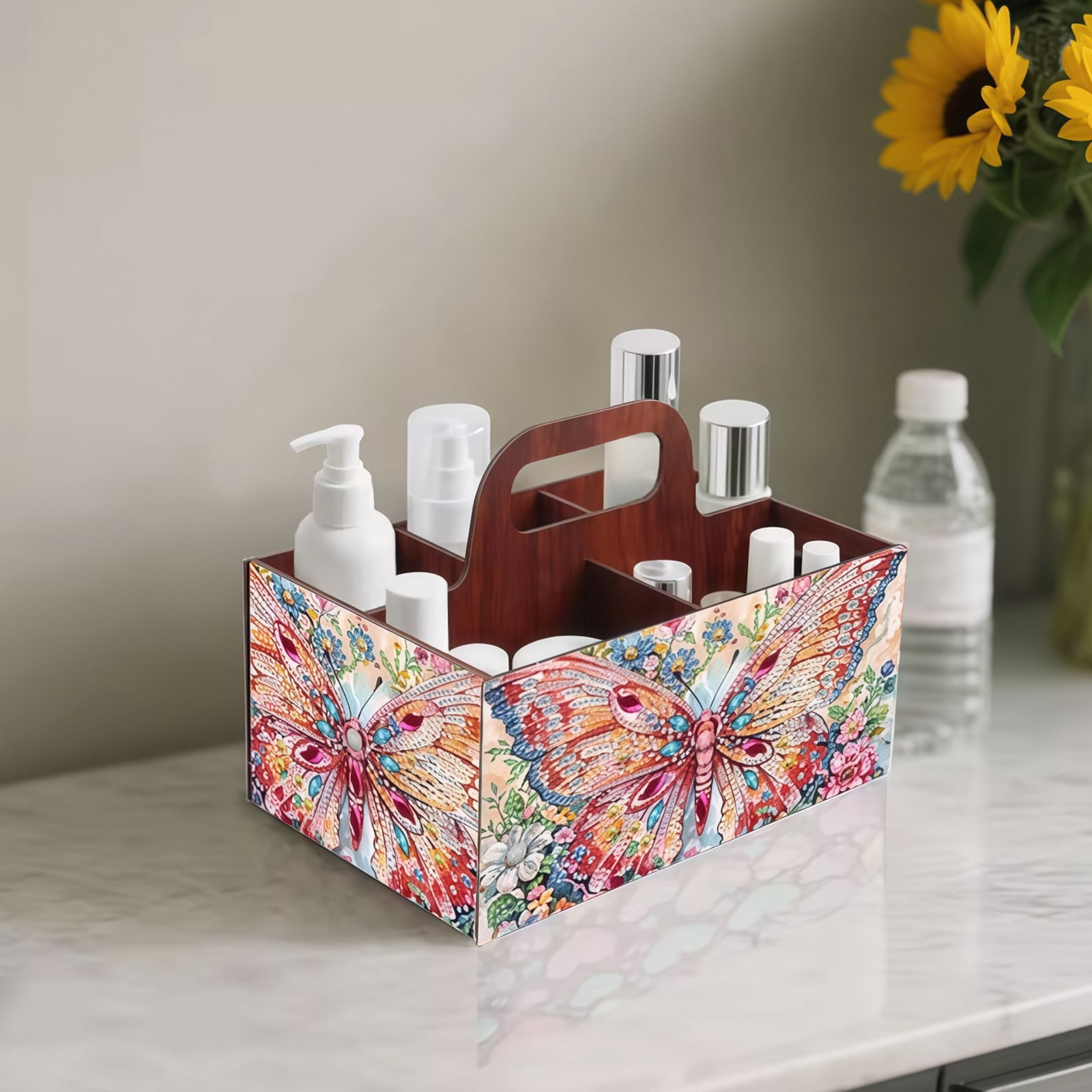 FLOPESN DIY Butterfly Diamond Art Painting 5 compartments Wooden Storage Box, 9.44*8.14in, Practical Rectangular Assembly Portable Multi-Grid Box