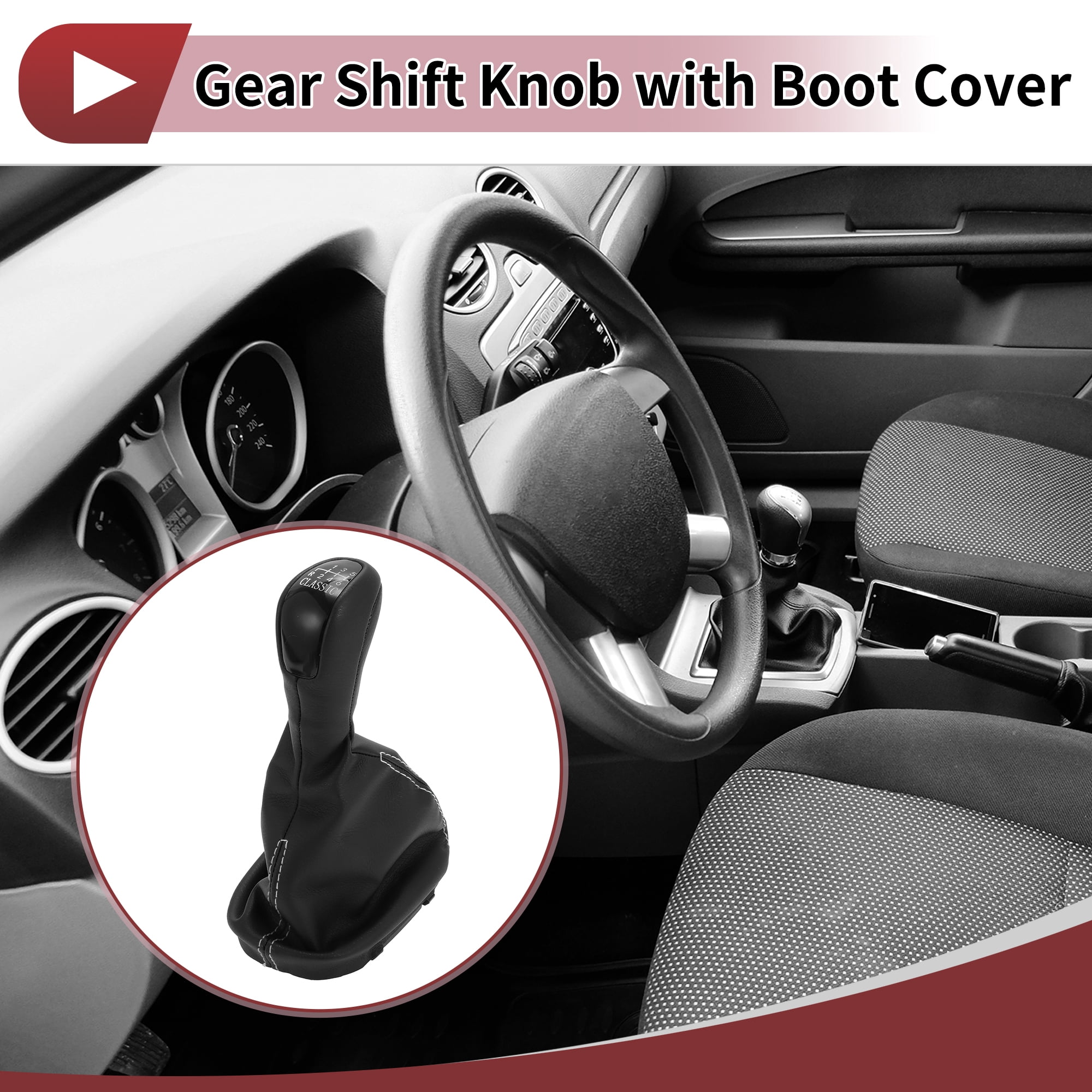 Unique Bargains 6 Speed Manual Gear Shift Knob with Cover for Mercedes-Benz W203 S203 2000-2007 Plastic Faux Leather Gearbox Stick Shifter Lever Knob Black White