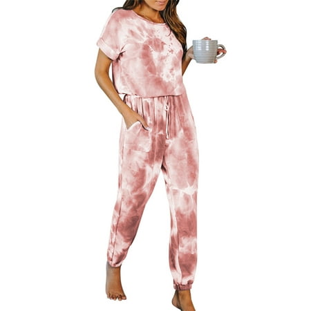 

Women Short Sleeve Tie Dye Pajamas Sets Crew Neck Tops and Long Pants Long Pajamas Set Loose Sleepwear