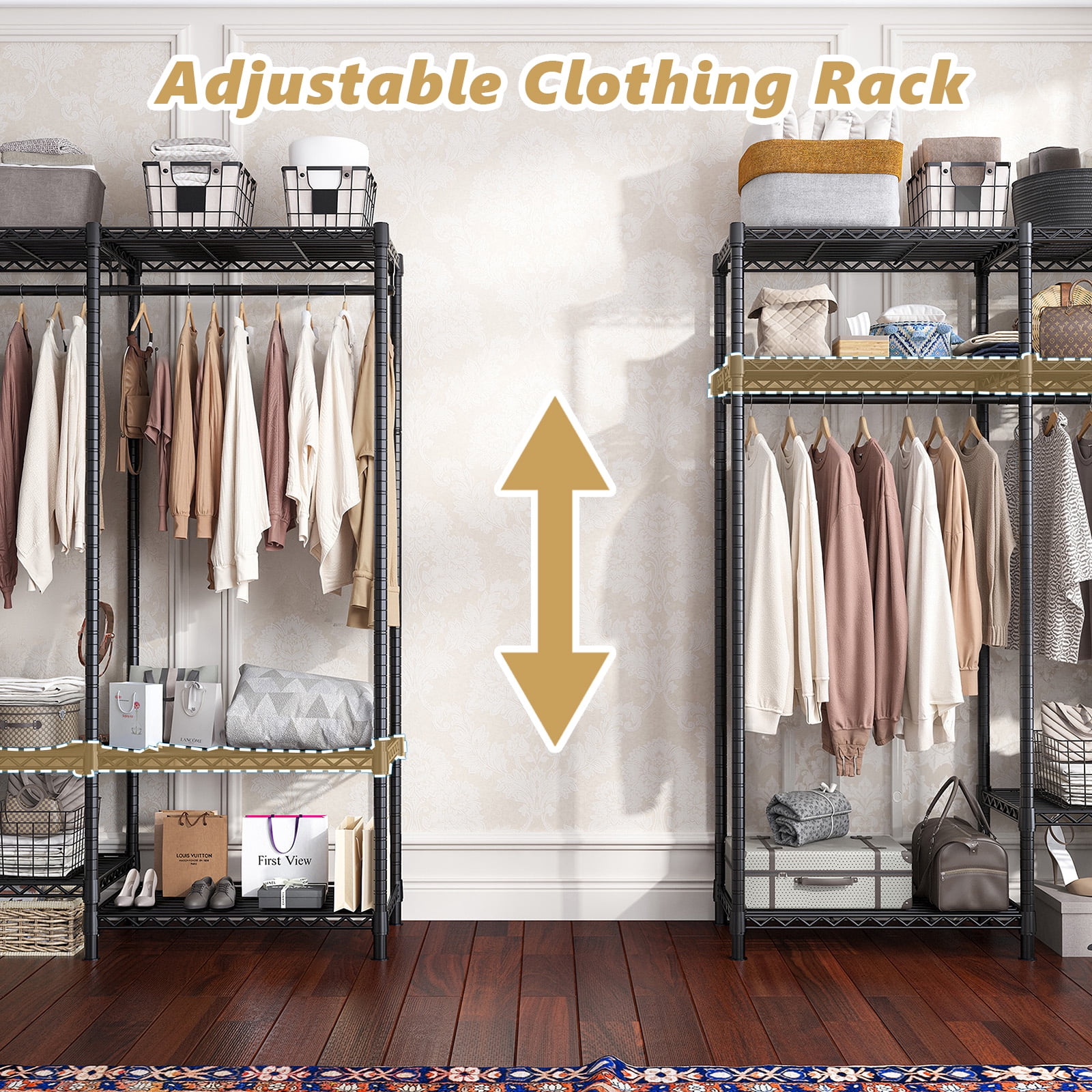 melmine Heavy Duty Clothes Rack with Dustproof Cover,Adjustable Garment Rack with Shelves,Freestanding Wardrobe Organizer for Bedroom,800lbs Capacity,Black