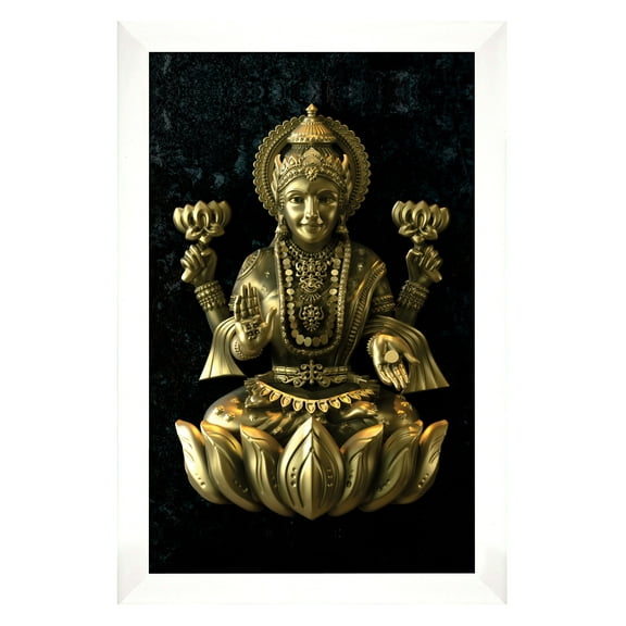 IBA Indianbeautifulart Goddess Lakshmi Poster Brass Look Picture Frame Religious Poster White Wall Frame Deity Photo Frame Wall Decor For Home/ Office/ Temple-6 x 8 Inches