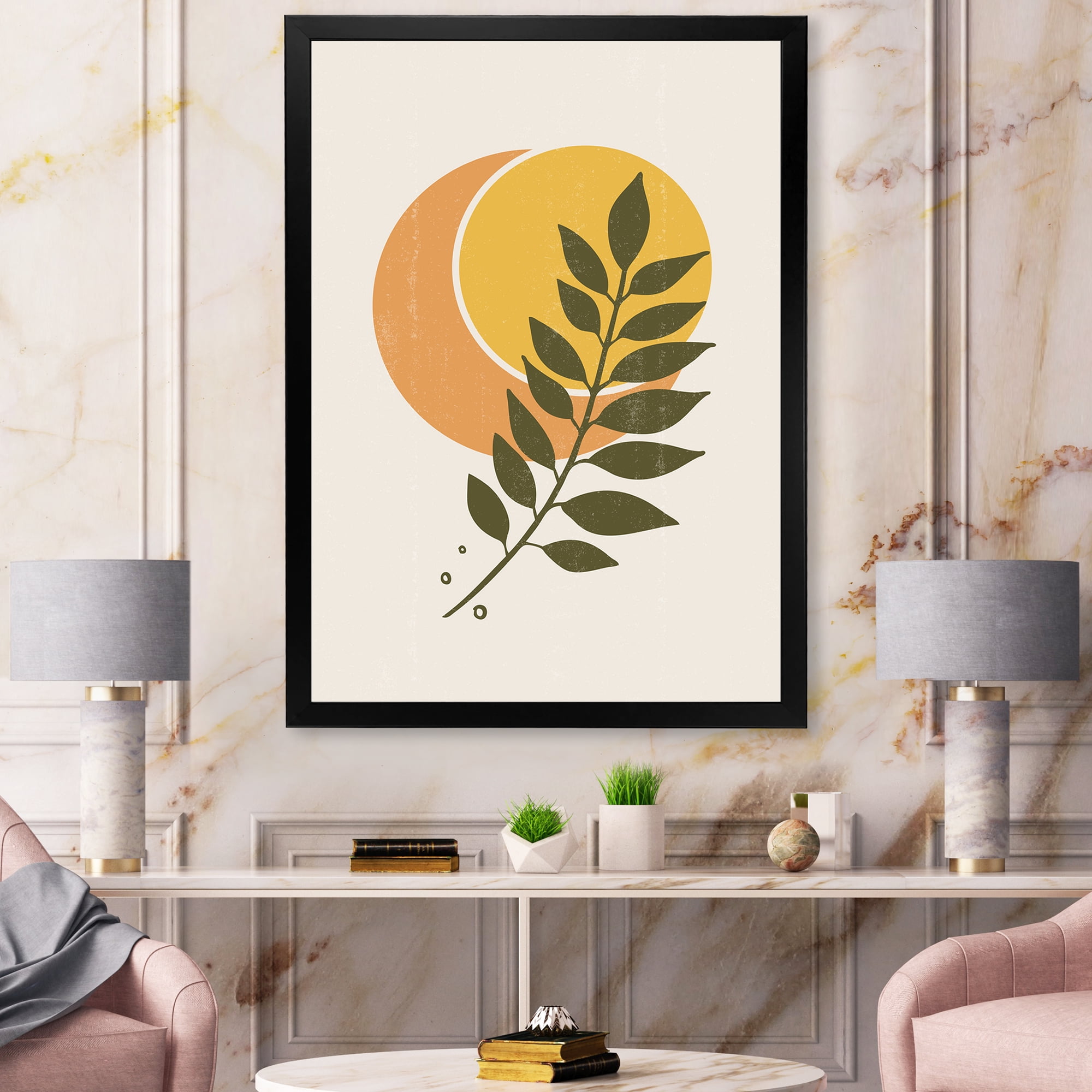 Designart 'Abstract Geometrical Moon and Sun With Leaf V' Modern Framed Art Print