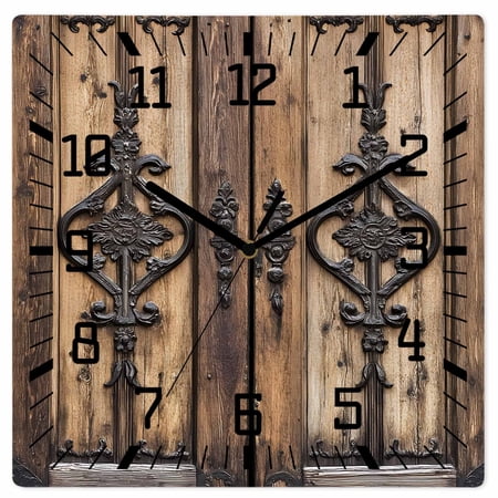 Wooden Plank Wooden Wall Clock Silent Non Ticking, Rustic Farmhouse Brown Black Barn Door Square Wall Clocks Battery Operated, Decor Clock for Home Office, Living Room, Kitchen, 12 Inch