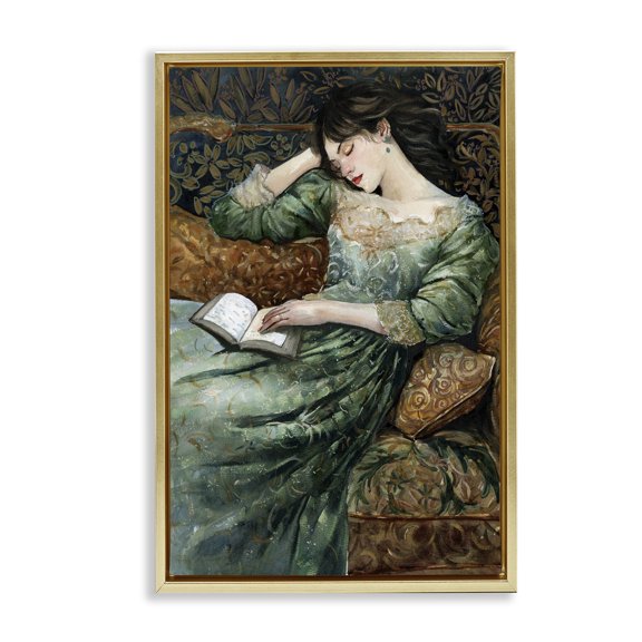Stupell Industries Woman in Ornate Gown People Painting Gold Floater Framed Canvas Art Print Wall Art, 21 x 31