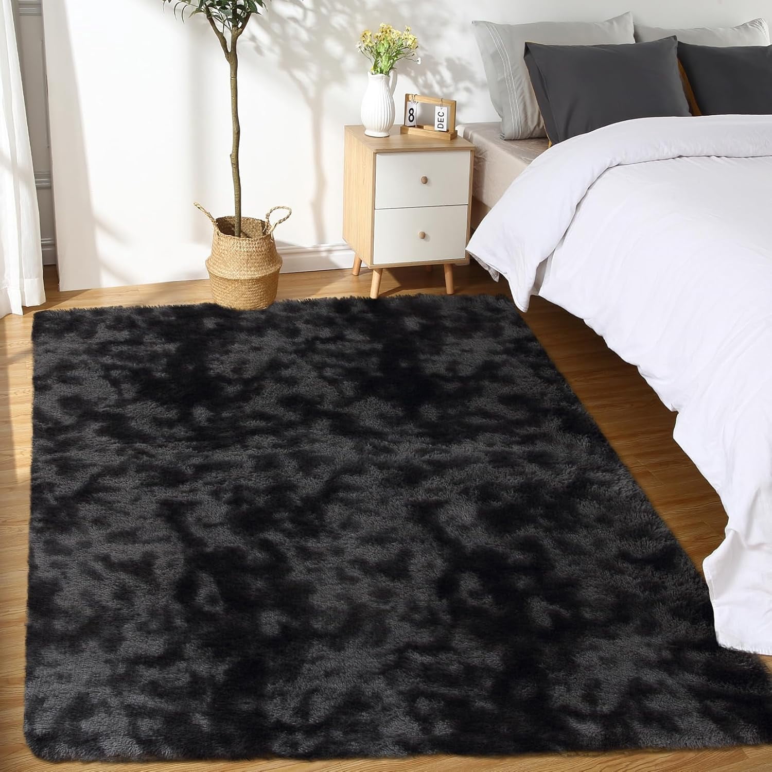 Memoryfield 5' x 8' Area Rug, Tie-Dye Plush Non-Skid Rug, for Bedroom Living Room Nursery, Black Gray