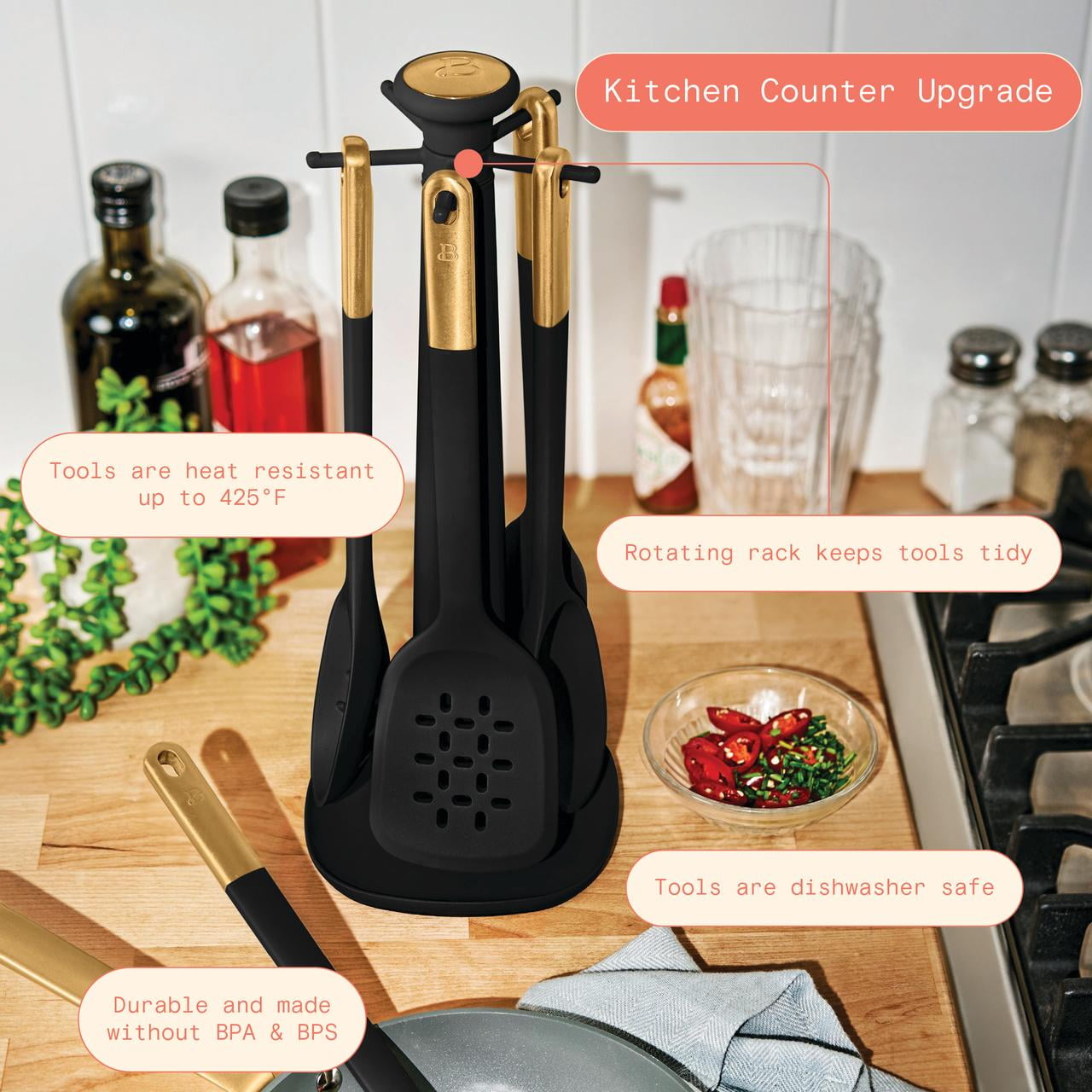 Beautiful 6-Piece Silicone Kitchen Utensil Tool Set with Rotating Rack, Black Sesame by Drew Barrymore
