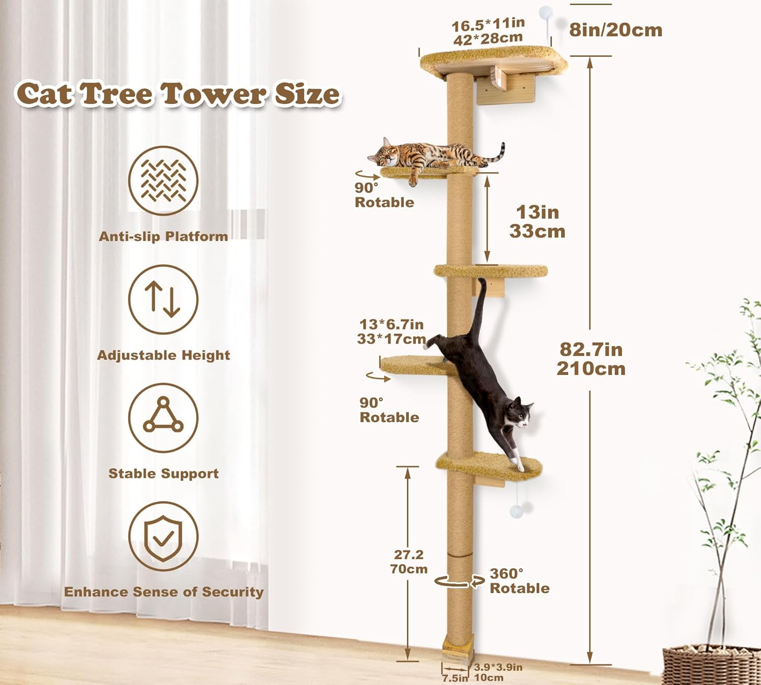 5-Tier Tall Cat Tree for Kittens, Floor to Ceiling Wall Mounted Cat Wall Shelves with Brown Plush Pads, Adjustable Wild Simulation Cat Tower for Climbing, Scratching & Lookout