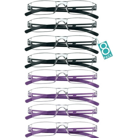 8 Pairs Reading Glasses, Blue Light Blocking Glasses, Computer Reading Glasses for Women and Men, Fashion Square Eyewear Frame (4black+4purple,+3.50 Magnification)