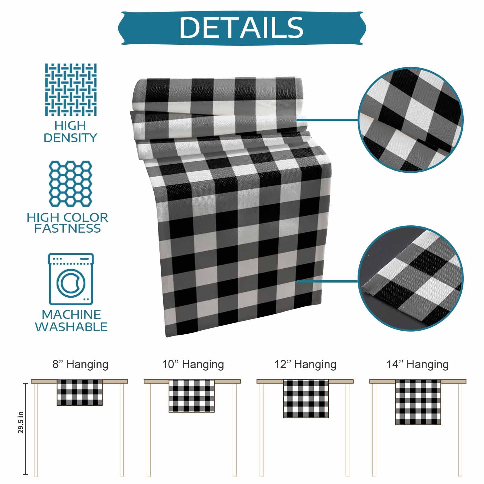 nqOlkjepod Black White Plaid Table Runner 70 Inches Long Farmhouse Dress Scarves, Gradient Geometric Buffalo Checkered Dining Tablerunner for Coffee Table/Kitchen Island/Party Décor, 13" x 70"