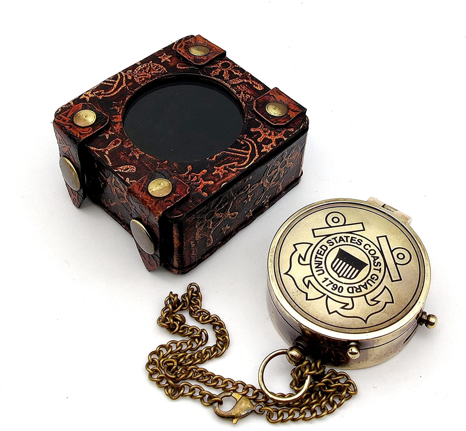 5MOONSUN5's US Coast Guard Engraved Brass Military Compass Nautical Marine Gift A Perfect and Unique Gift for Army Person Survival Navigation Compass for Hiking Camping with Leather Display Case