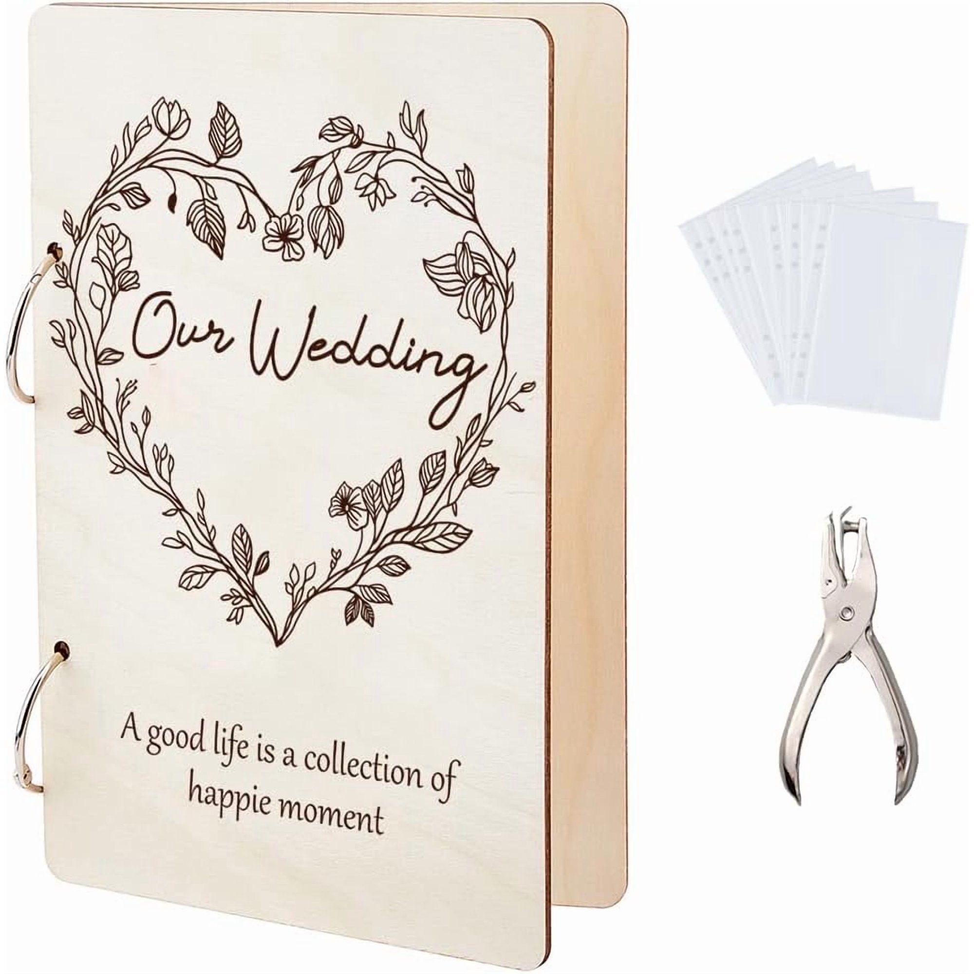 Our Wedding Greeting Card Organizer Planning Book Binder Card Keeper Leaves Hearts Card Holder Wooden Loose Leaf Photo Album 2-Rings Cover Keepsake Gift with Punch and 20 Card Pocket