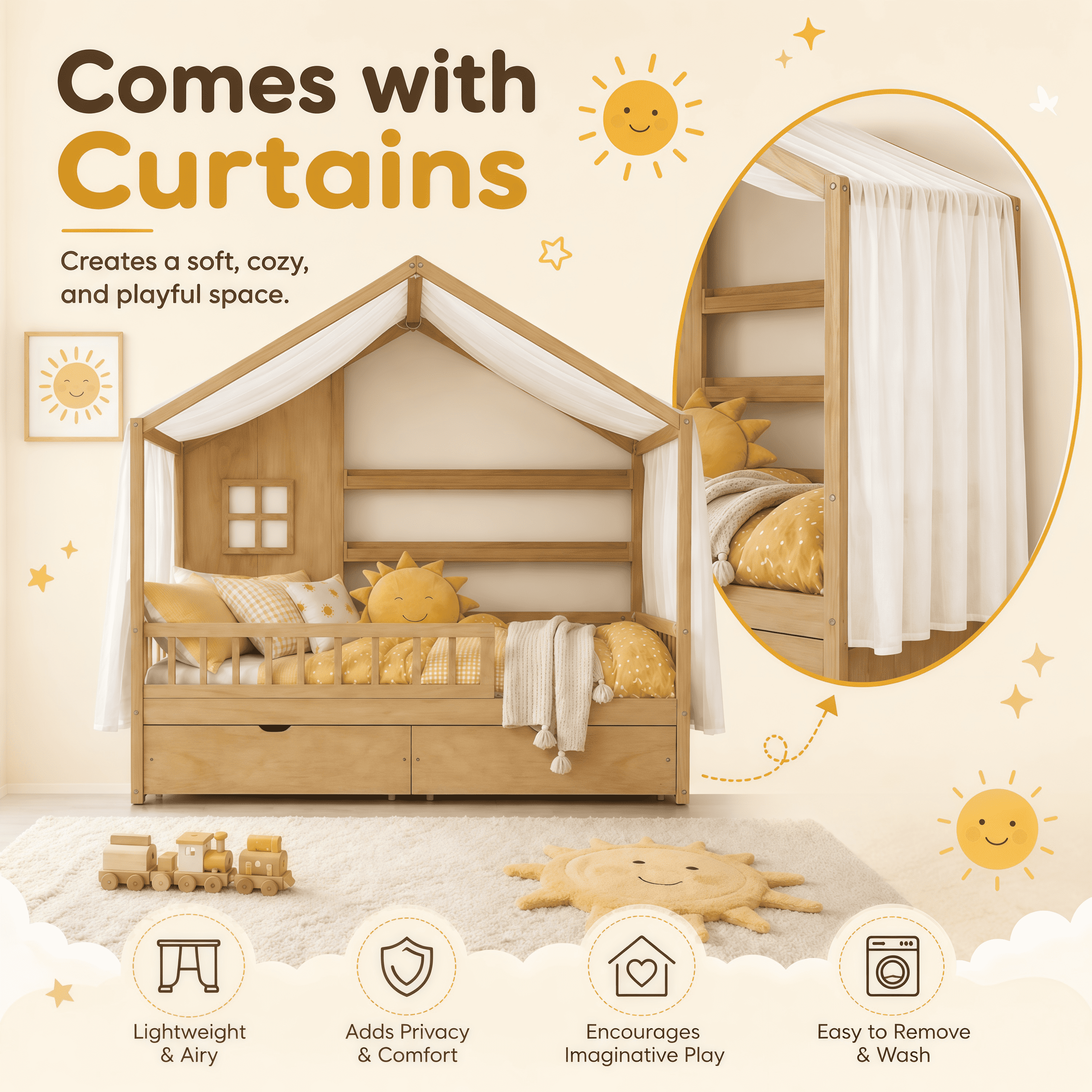 Euroco Wood Twin Size House Bed with Roof and Curtains, Montessori Floor Bed with Drawers and Safety Guardrails,No Box Spring Needed, Natural