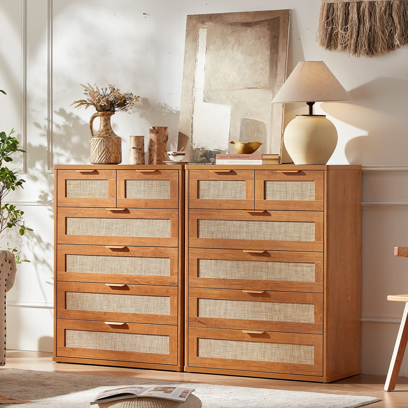 6 Drawer Tall Dressers, Rattan Dresser with Large Storage Space Boho Dressers & Chests of Drawer Wooden Dressers for Bedroom, Tea Brown