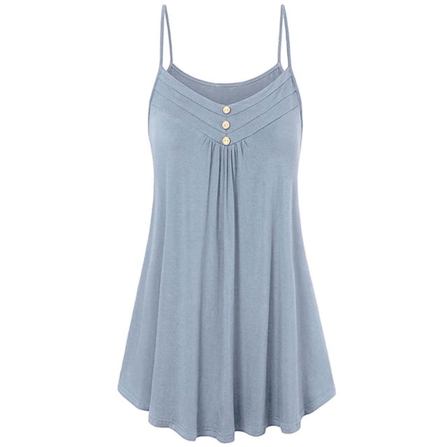 Grrvtrz Women's Plus Size Camisole Spaghetti Strap Stretch Tops Summer Casual Loose Pleated Blouses Button Long Tank Tops