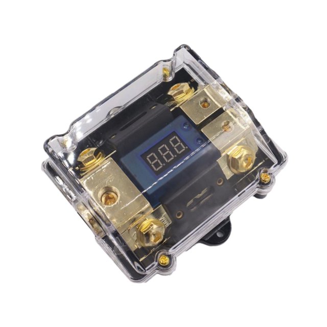 Bloque de distribución con pantalla LED digital de voltaje para audio de automóvil con fusibles, llave hexagonal, portafusibles ANL, 1 entrada y 2