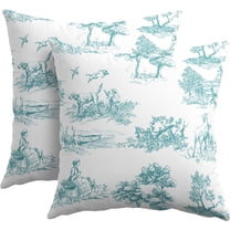 French Country Pillow Covers 20x20 Inch Set of 2 Teal and White Printed Vintage Toile Cottage Decorative Throw Pillows Rustic Farmhouse Pillow Cases Cotton Linen Cushion Covers for Couch Home Decor