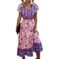thumbnail image 1 of Robes Femmes-Été Décontracté Manches Courtes Taille Haute Col en V Imprimé Floral Robe Maxi Boutonnée, 1 of 6