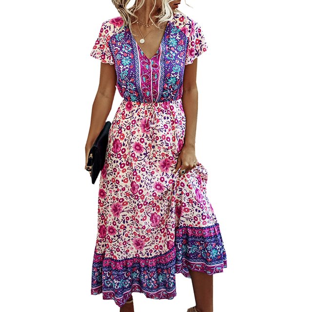 Robes Femmes-Été Décontracté Manches Courtes Taille Haute Col en V Imprimé Floral Robe Maxi Boutonnée