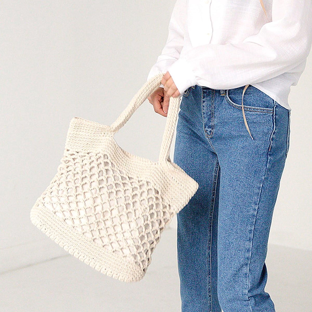LinYooLi Cotton Crochet Beach Tote Bohemian Handmade Top Handle Bag Small Summer Boho Bag