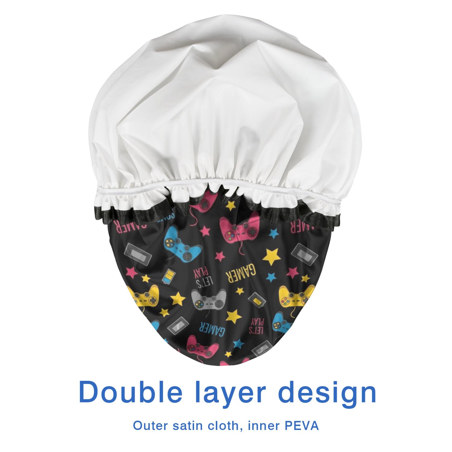Shower Caps,Blue Controllers Games Icons Black Pattern Waterproof Shower Cap for Women 4 Pieces,Double Reusable Hair Cover for Shower PEVA Elastic Stretch Hem