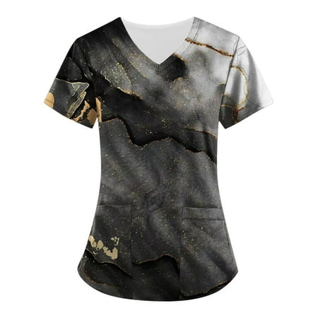 

XHJUN Womens Scrub Tops Plus Size Women s Stretchy Printed V-Neck Short Sleeve Scrub Top Gray XXXL