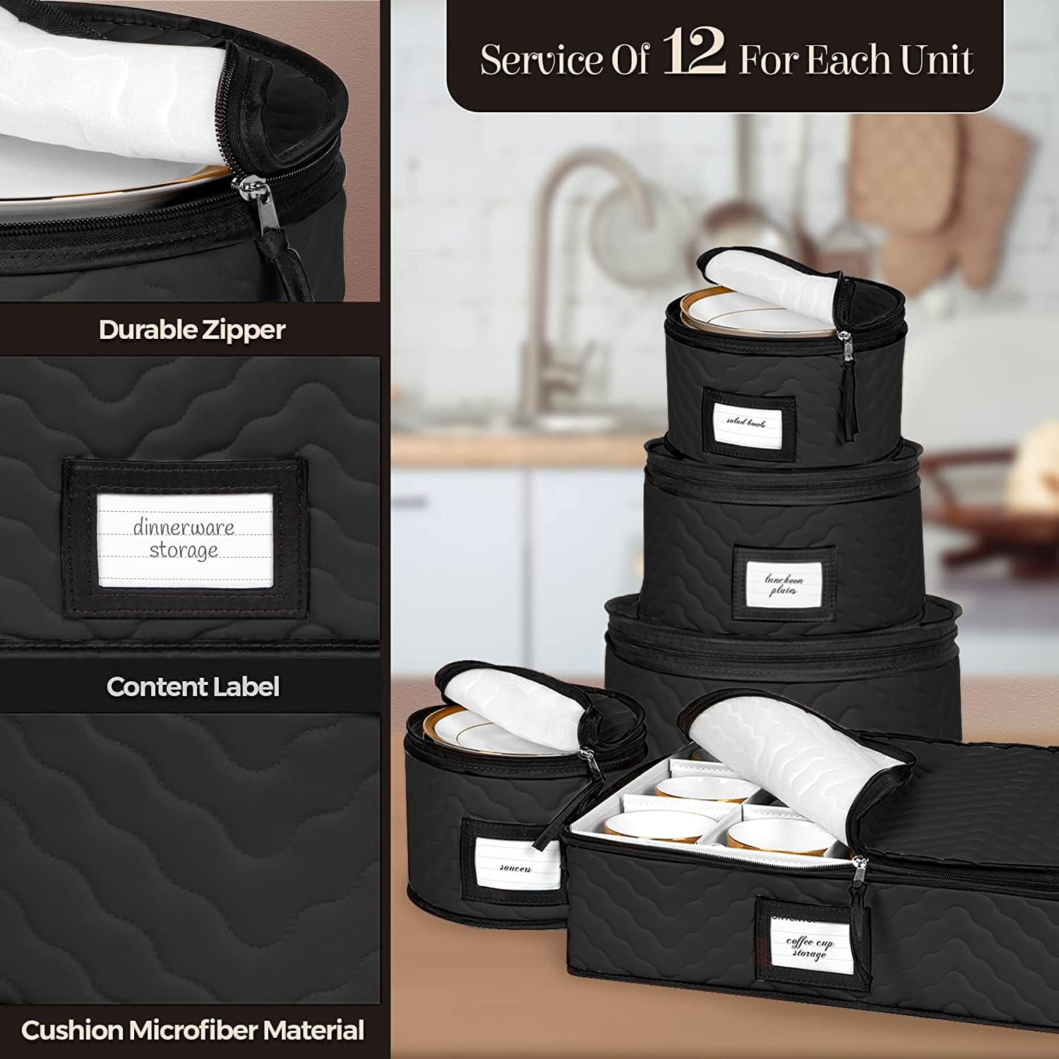 China Storage Containers 5-Piece Set Moving Boxes for Dinnerware, Glasses, Plates, Mugs and Saucers Sturdy Quilted Microfiber Dish Organizer with Dividers for Seasonal Storage - Holds Set of 12