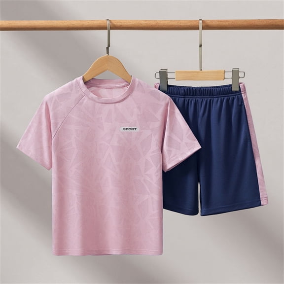 ITSAME Boys Girls Athletic Outfit 2-Piece, Short Sleeve Shirt and Shorts Quick-Dry Kids Performance Sport Clothes Pink 6-7T