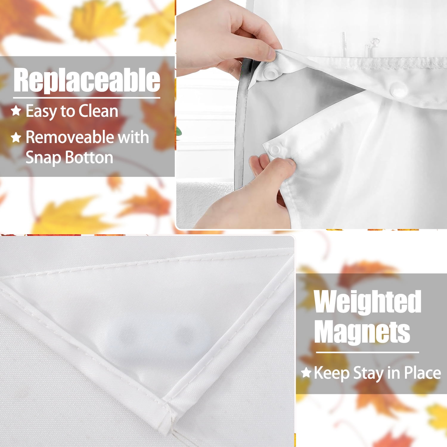 MIZHONA Fall Thanksgiving Shower Curtain with Snap in Liner,Maple Leaves No Hook Fabric Bathroom Curtain,71"× 86"