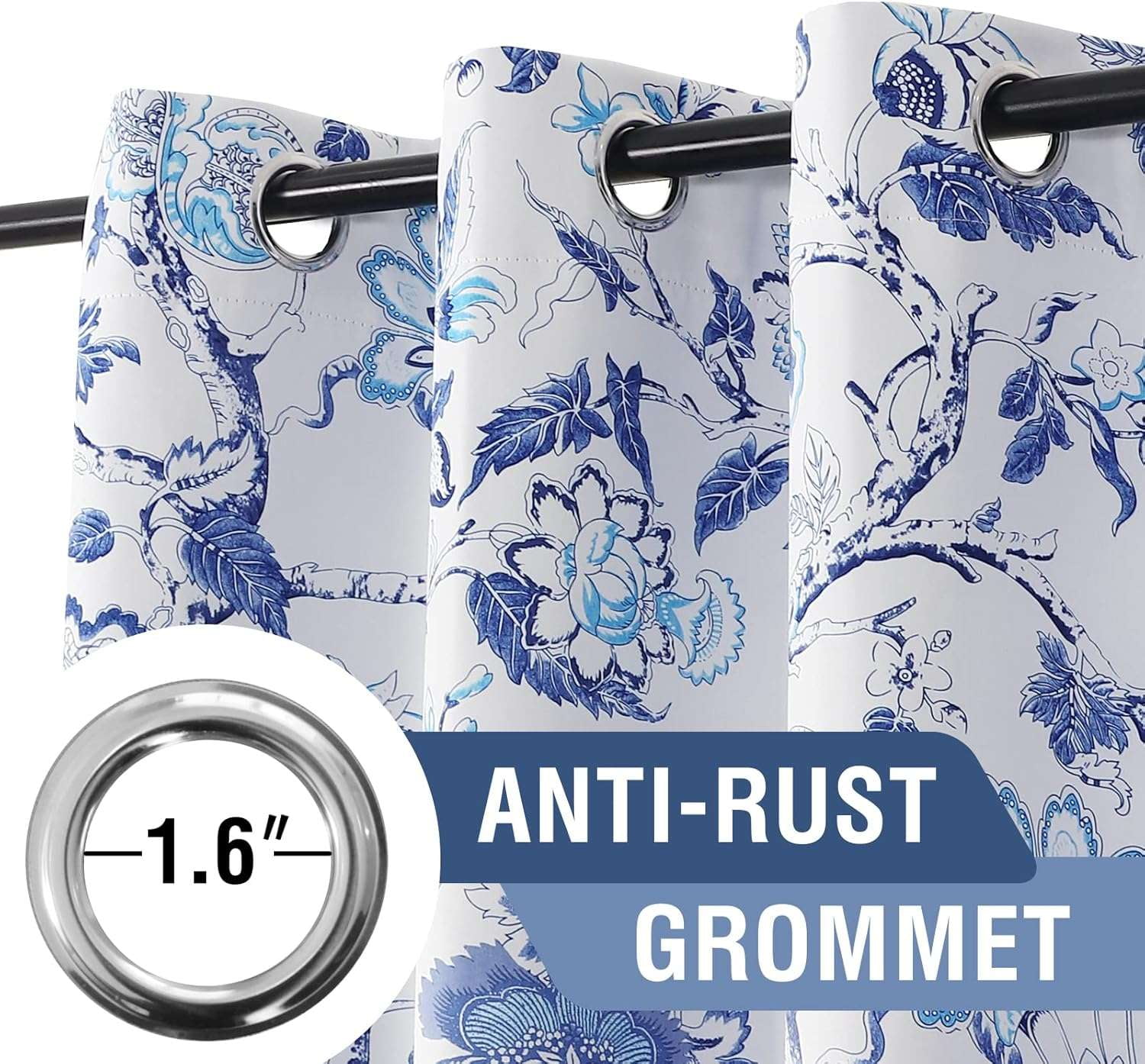 Turquoize Blackout Curtains 2 Panels Floral Print Thermal Insulated Grommet for Living Room(52"x 63",Blue White)