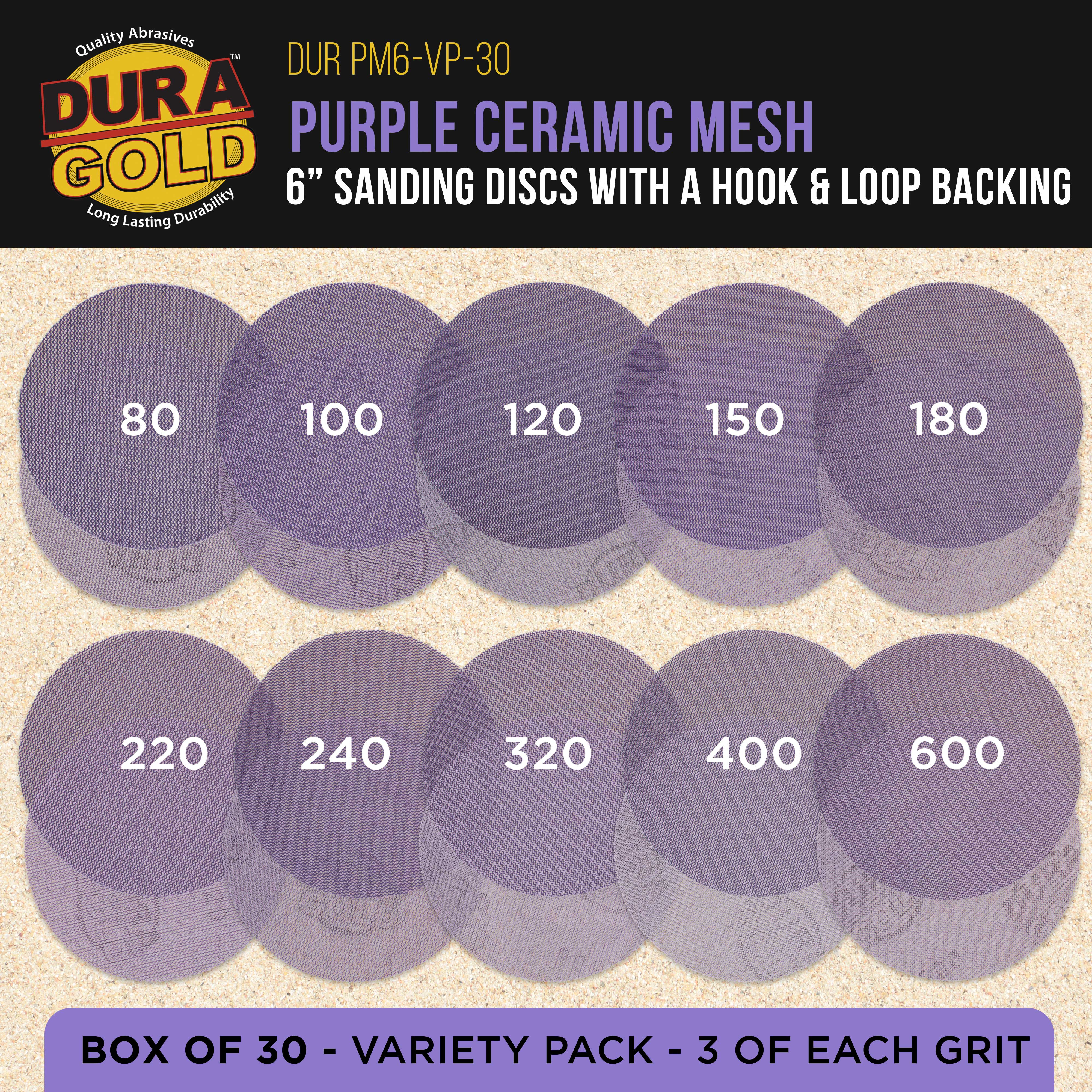 Dura-Gold 6" Purple Ceramic Mesh Sanding Discs, 30 Disc Variety Pack, Grits 80, 100, 120, 150, 180, 220, 240, 320, 400, 600 - Dustless Hook & Loop Backing Sandpaper, DA & Random Orbital Sander