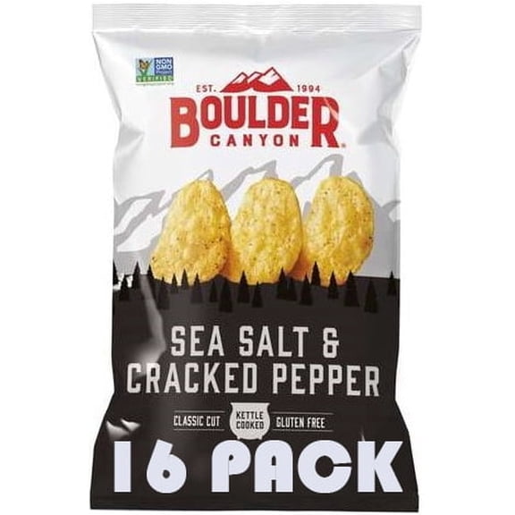 Boulder Canyon | Sea Salt & Cracked Pepper | Kettle Style Potato Chips | 1.5 Ounce Individual Bags | Pack of 16 | Bundled by SUPERDEALS with Mystery Bonus Gift