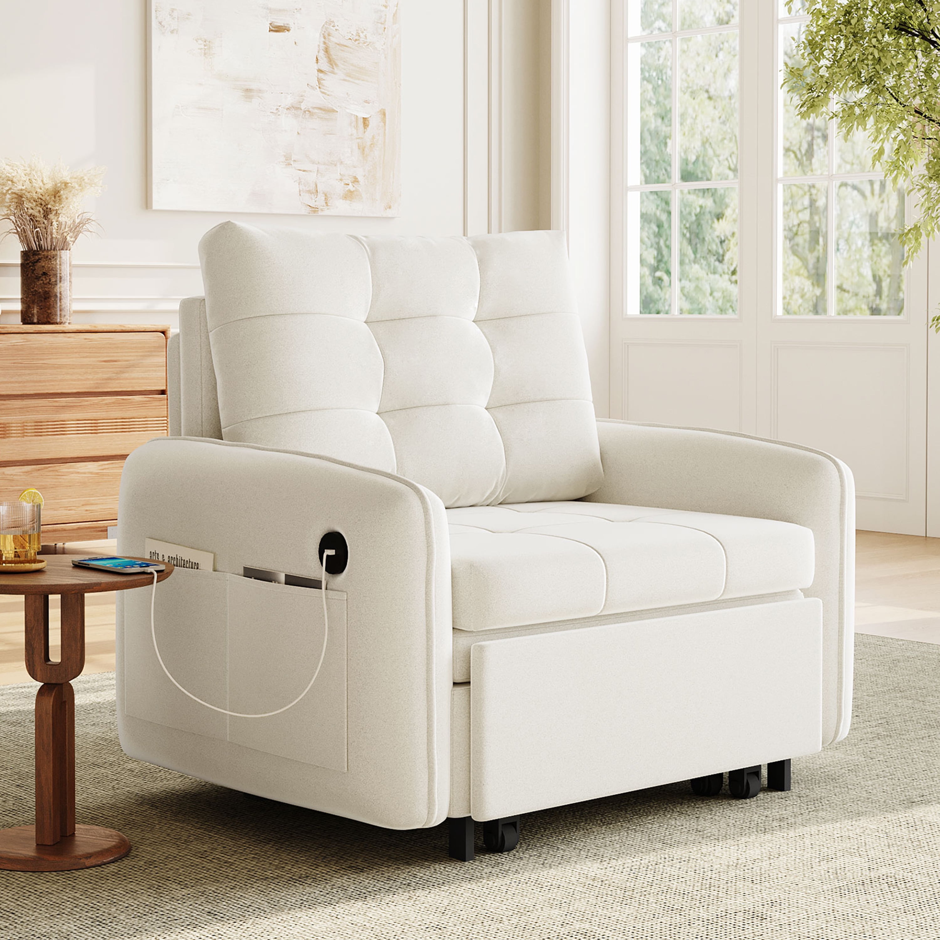 Sofa Bed, Sleeper Chair, 3-in-1 Convertible with Pull-Out Lounge, Storage Pockets and Hidden Box, Tufted Chenille Upholstery on Plywood Frame for Living Room & Apartment, 80 Inch, Beige