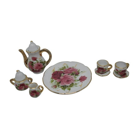 - 1:6 Scale 10 Piece Mini Dollhouse Size Rose Floral Tea Set with Teapot, Sugar, Creamer, Two Cups and Saucers, and Plate