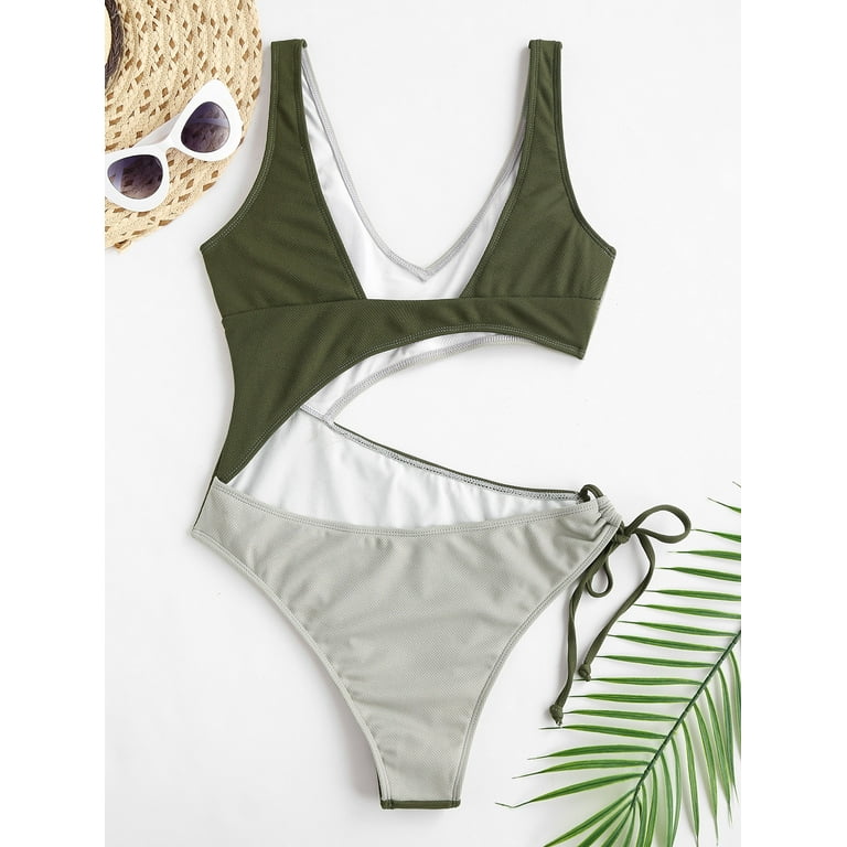 ZAFUL Cut Out Two Tone Cinched Tie One-piece Swimsuit Green M