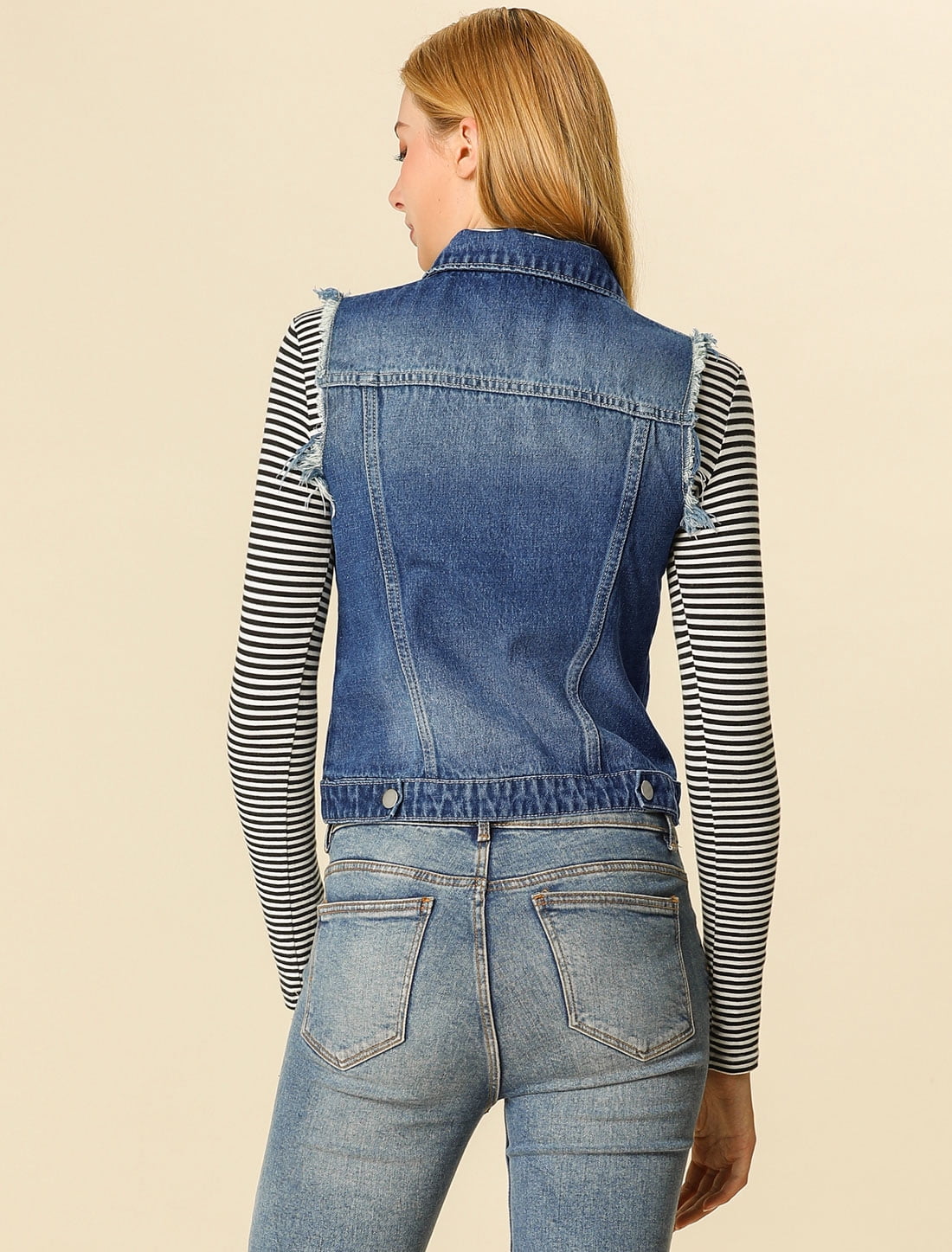 DARING DIVA Women's Denim Vests Collared Washed Distressed Jean Vest M Blue