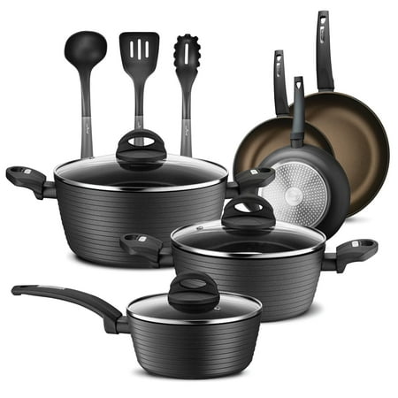 NutriChef Metallic Ridge Line Nonstick Cooking Kitchen Cookware Pots and Pan Set with with Lids and Utensils, 12 Piece Set, Gray