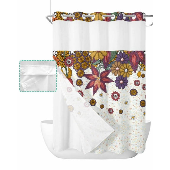 No Hook Shower Curtain with Snap in Liner, Bohemian Vintage Flower Pattern Hotel Shower Curtains for Bathroom, Washable Shower Curtain Liner Set with Mesh Top Window, 72"x84"