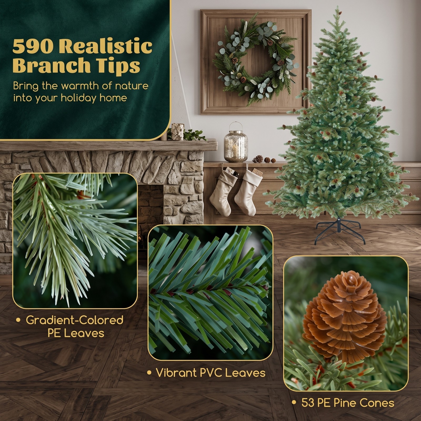 RUIE 6 FT Artificial Christmas Tree with 240 Warm White LED Lights and 53 Pine Cones, Pre-Lit Hinged Xmas Tree with Metal Stand for Home Office Holiday, Green