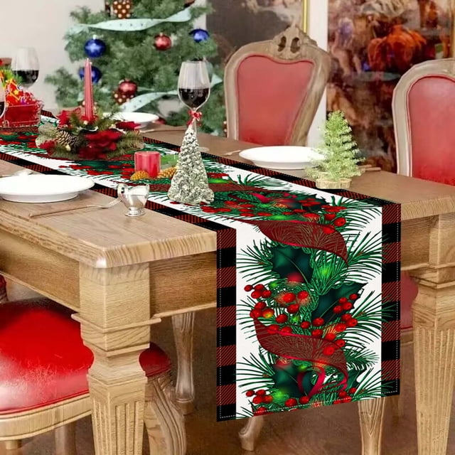 Meitianfacai Drapeau de Table à Carreaux Rouge et Noir de Noël Nappe Imprimée de Fruits Rouges Décoration d'Armoire TV Nappe Tissu pour la Maison