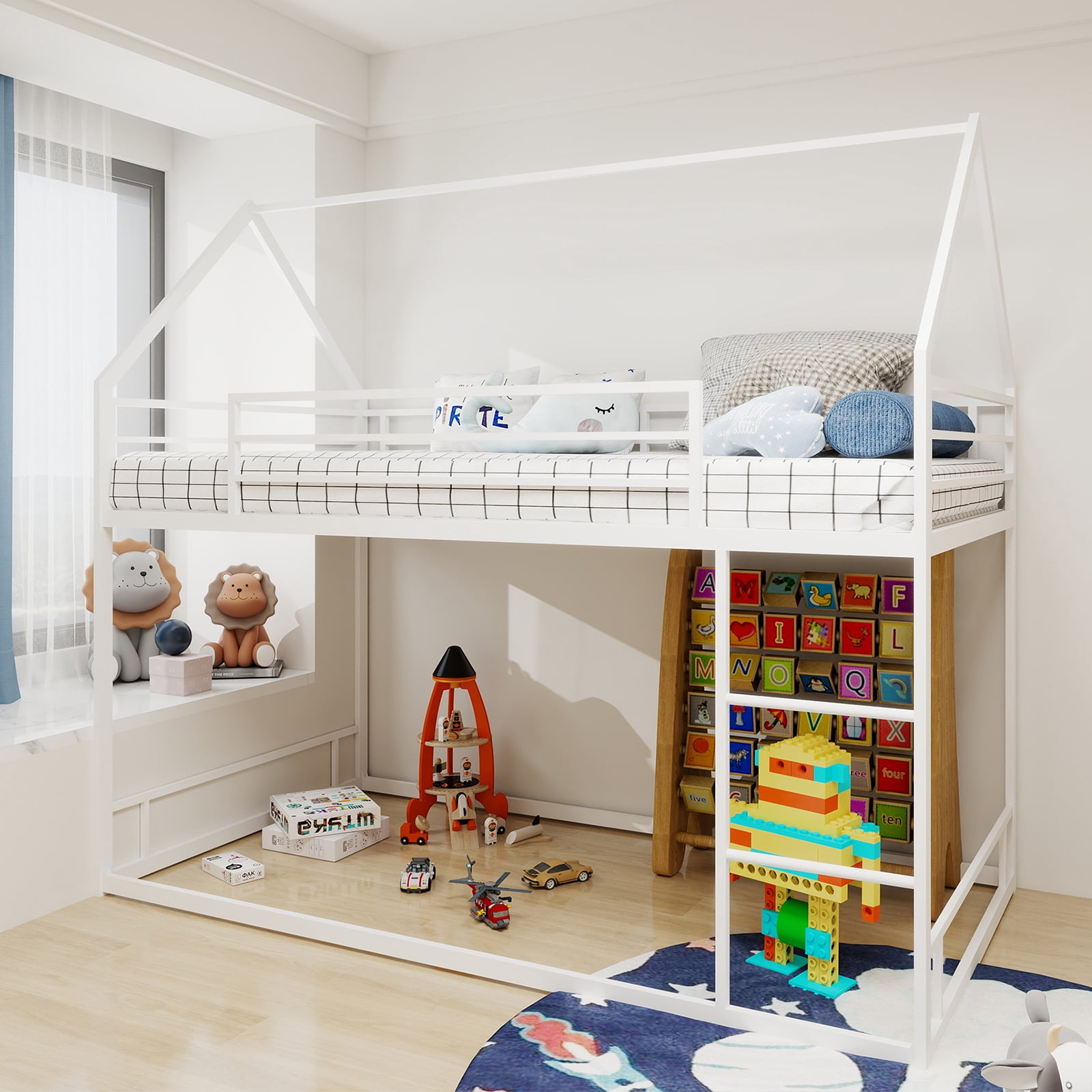 Yoneston Kids Twin Over Twin House Bunk Bed, Metal Twin Size Bunk Bed with Full-Length Guardrail and Ladder for Boys Girls Teens, Easy Assembly, White