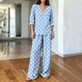 thumbnail image 4 of Cagogo Women Plus Size 2 Piece Set Polka Dot V Neck Long Sleeve Blouse Wide Leg Pants Matching Casual Outfit Loose Boho Vacation Travel Lounge Suit Clothes, Light Blue L, 4 of 6