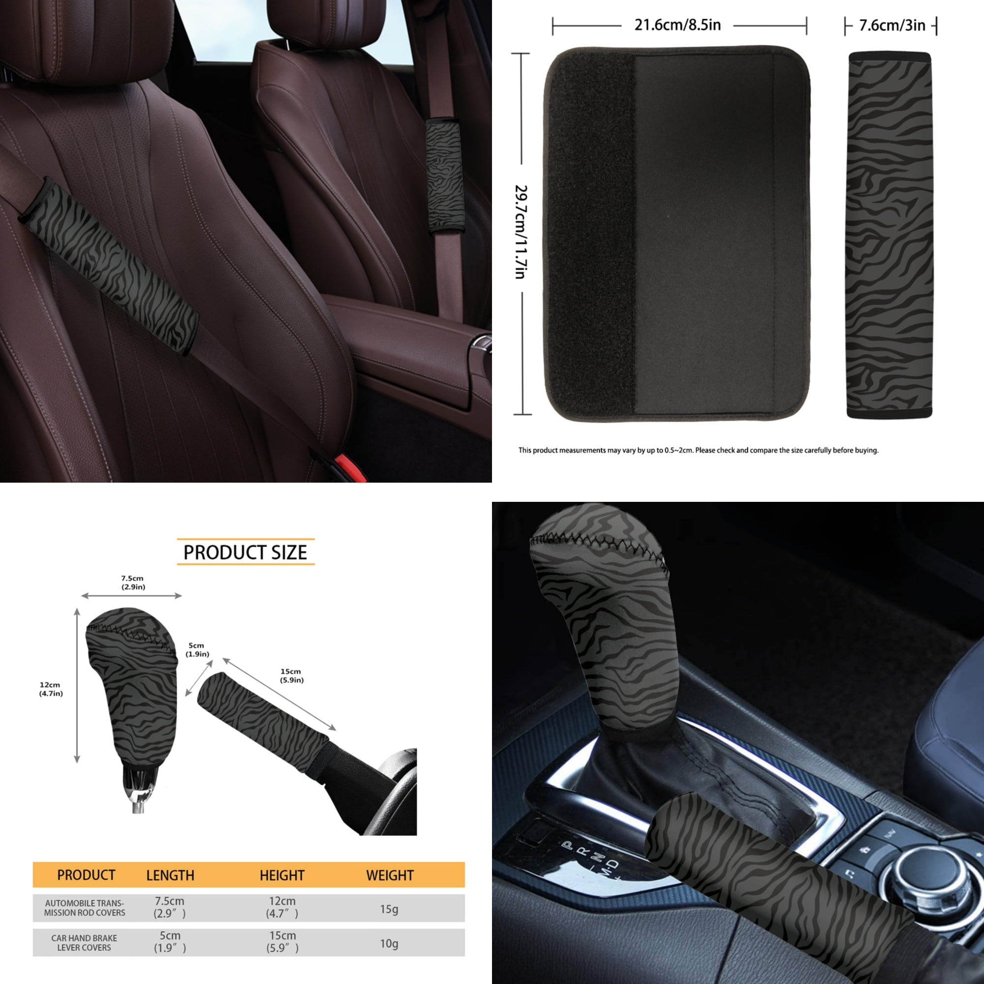 Yuyamidu Zebra Stripe Car Seat Cover Set Black Steering Wheel Cover Seat Belt Strap Cover Garbage Bin Auto Center Console Pad Cover Rearview Mirror Cover Coasters Gear Shift Knob Cover Set, 14 Pack