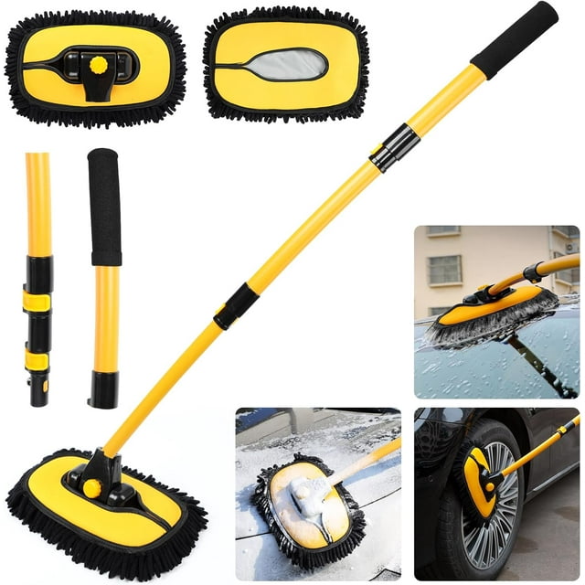 Cepillo para lavado de autos con mango largo, juego de 2 cepillos para limpieza de autos, kit de limpieza de autos con poste extensible, para limpiar autos, llantas, ruedas, SUV y camionetas