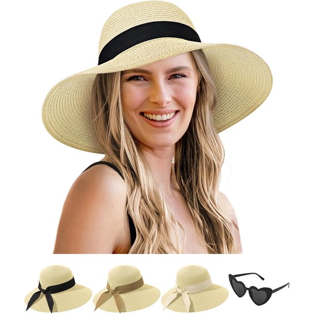 Sun Hats for Women - Oversize Large Straw Beach Hat for Summer Floppy Wide Brim Packable Foldable Roll Up UPF 50+