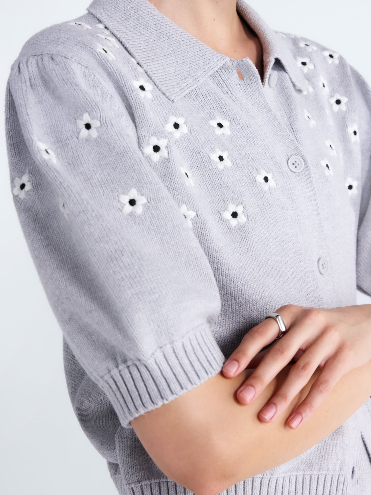 Free Assembly Women's and Women's Plus Embroidered Cardigan Sweater with Elbow Sleeves, Sizes XS-4X