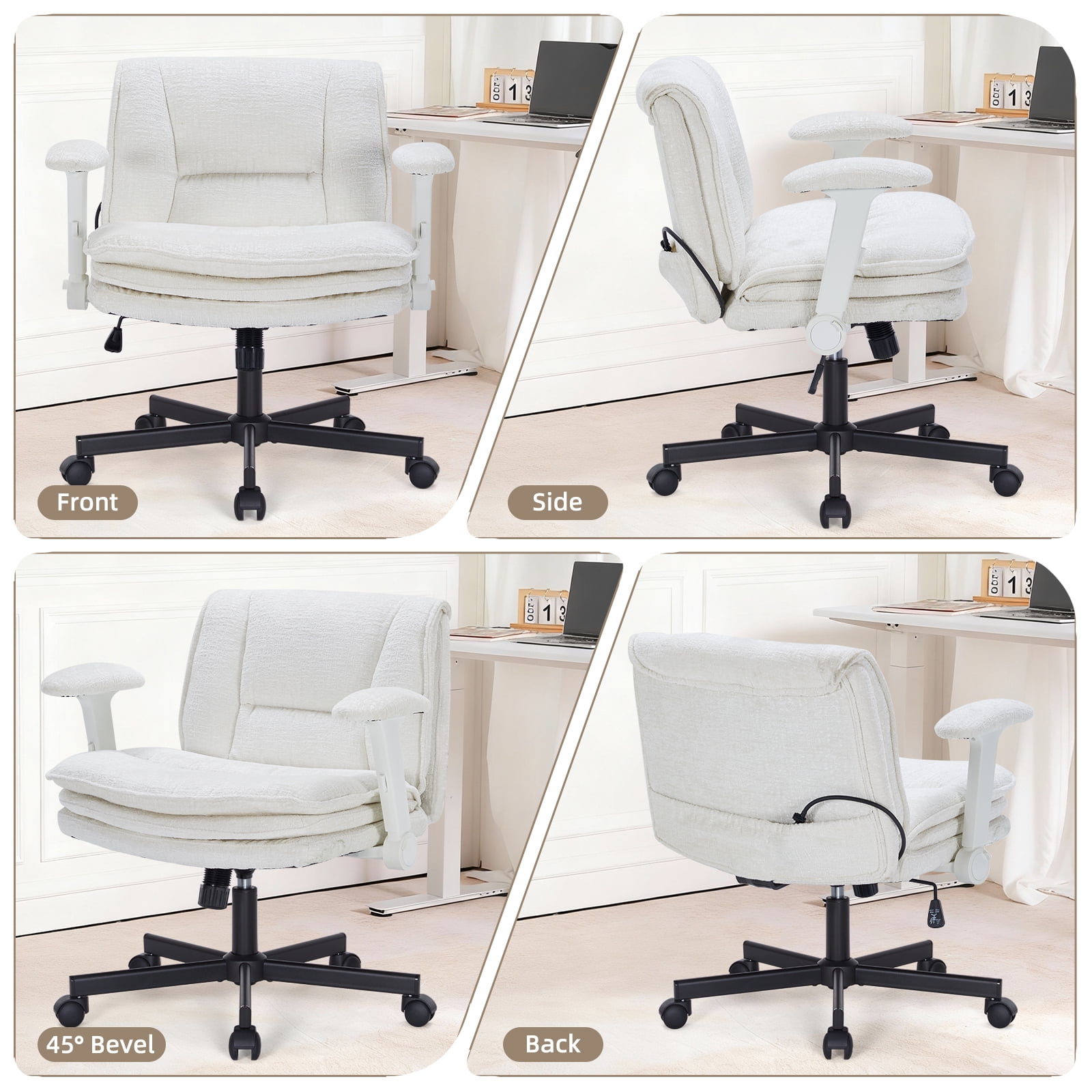 Criss Cross Legged Office Chair with Wide 3 Layer Cushions, Ergonomic Criss Cross Desk Chair with Dynamic Lumbar Support and Flip-up Arms, Mid Back Fabric Swivel Vanity Chair for Work, Study, Leisure