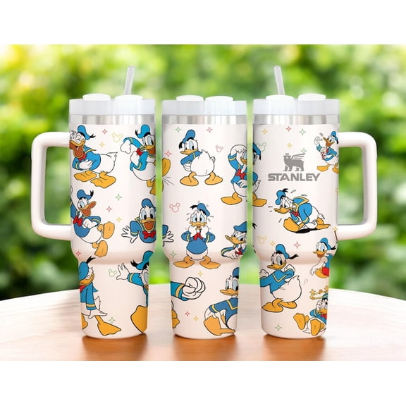 Donald Duck 40oz Tumbler with Handle, Classic Cartoon Duck Stainless Steel Insulated Travel Mug with Straw, Cute Character Coffee & Water Cup Gift