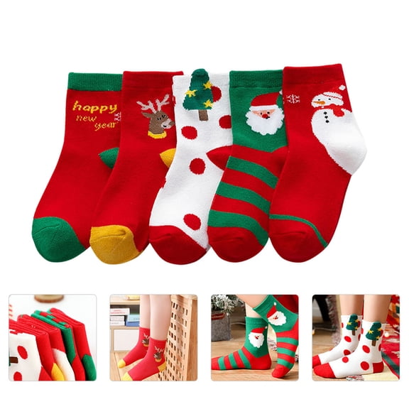 FONDOTIN 5Pairs Christmas Stockings Cotton Comfortable Warm Assorted Color Xmas Socks