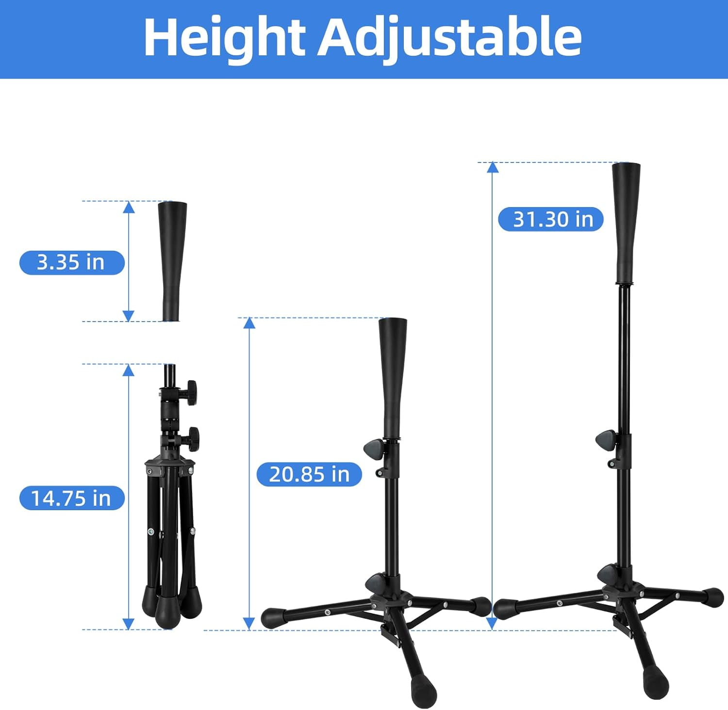 Baseball Tee For Kids, Easy Adjustable Batting Tee From 20.85 to 31.30 Inches. Black Foldable Baseball Tees for Hitting with Portable Bag. Softball Tee for Children Aged 3-10 Baseball Training